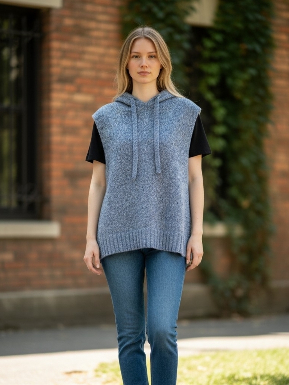 New Easel Blue Knit Hooded Sleeveless Vest